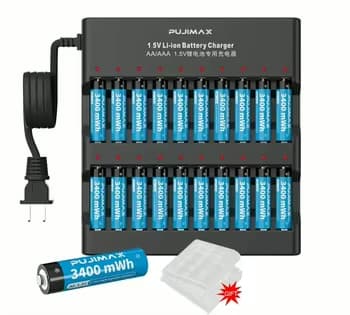 PUJIMAX multi-slot battery charger supplied with rechargeable AA cells