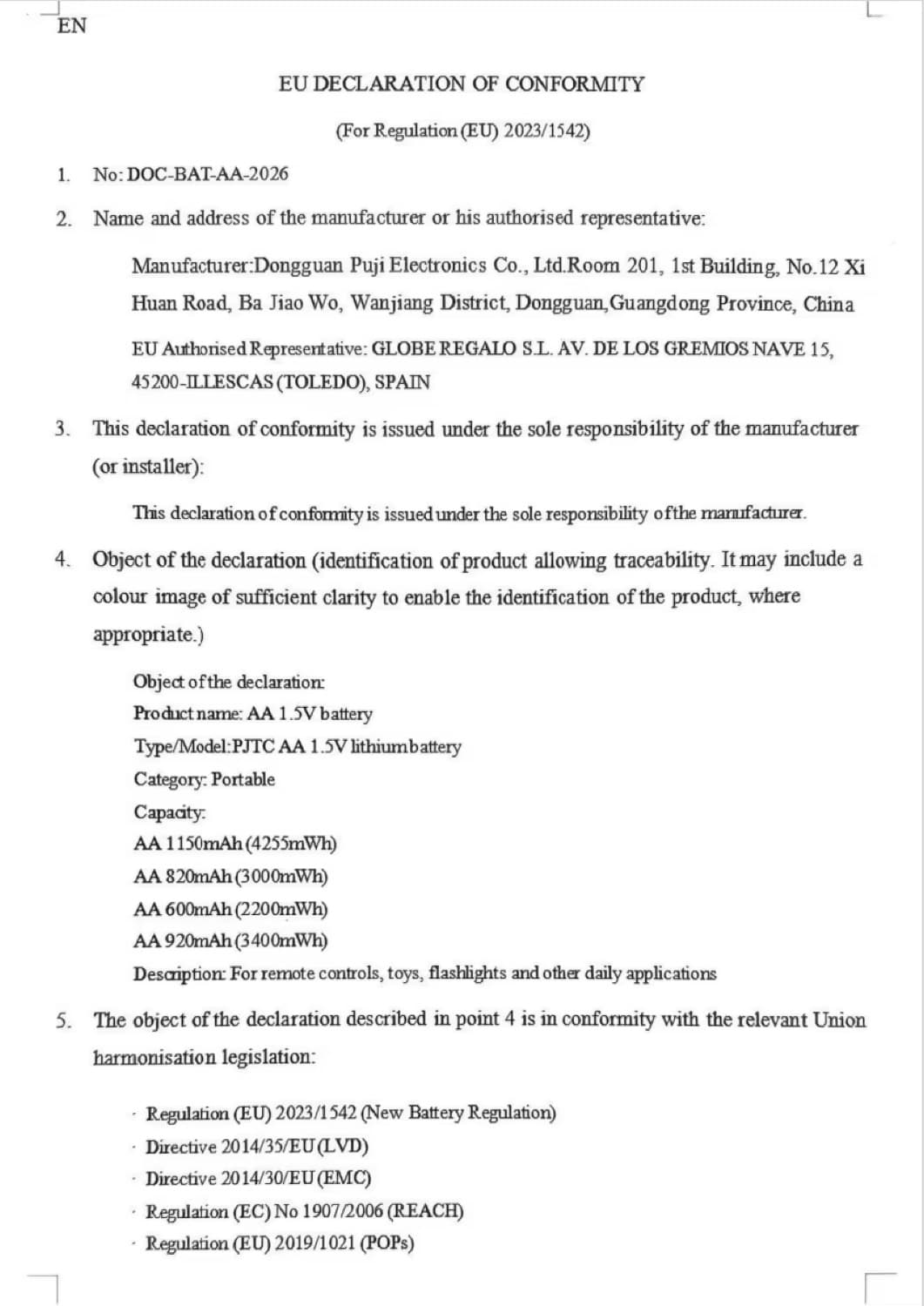 EU declaration of conformity — AA 1.5V lithium