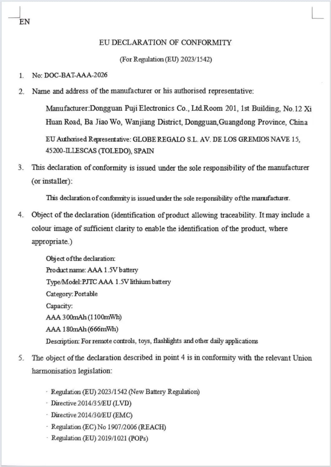 EU declaration of conformity — AAA 1.5V lithium
