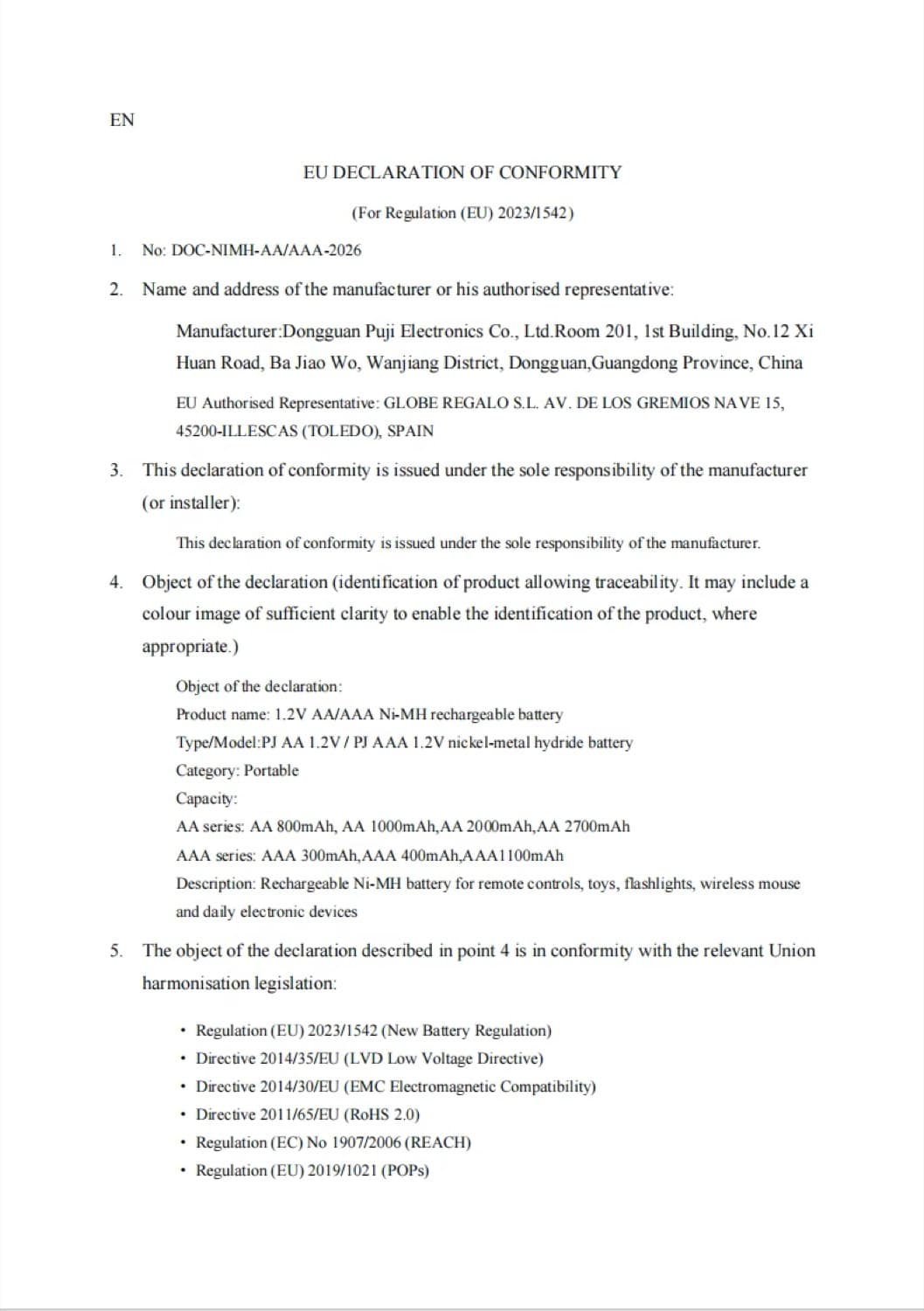 EU declaration of conformity — Ni-MH AA and AAA